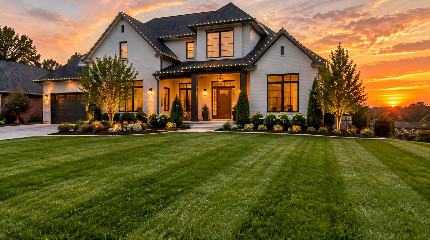 Striped lawn in front of a home with holiday lights at sunset